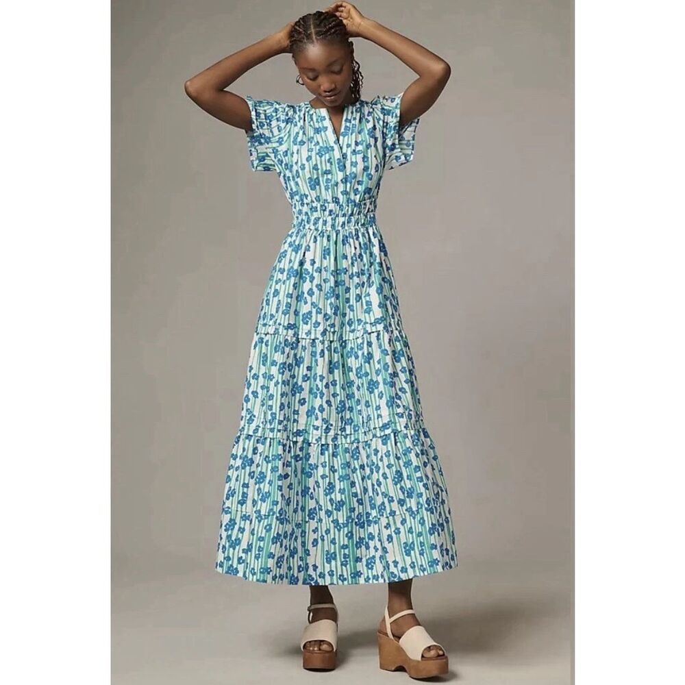 Anthropologie Blue and White Floral Midi Dress